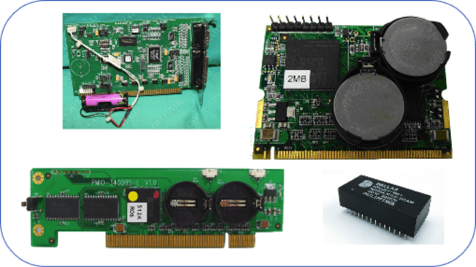 Industrial automation boards and modules with battery-backed SRAM, including boards carrying coin-cell batteries and a packaged module.